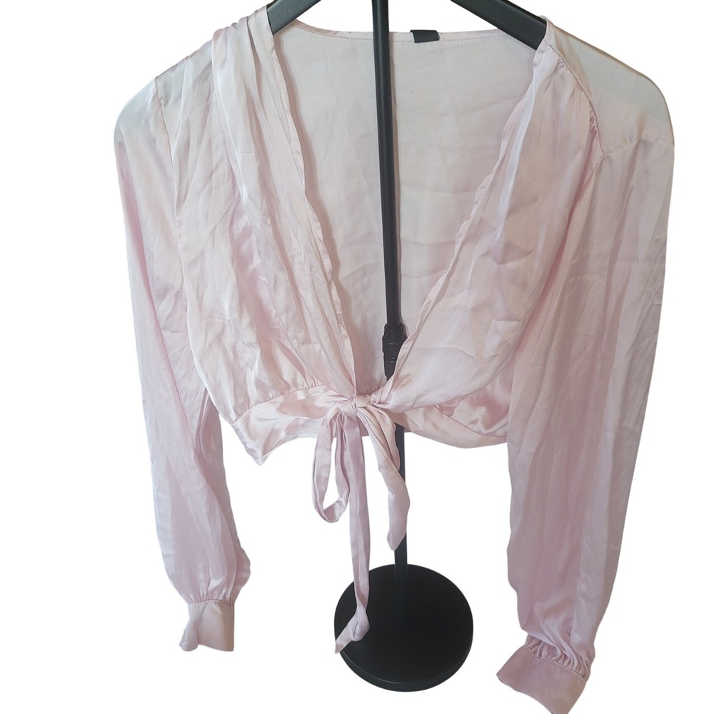 Windsor Pink Satin Long Sleeve Tie Front Crop‎ Top Blouse Shirt L